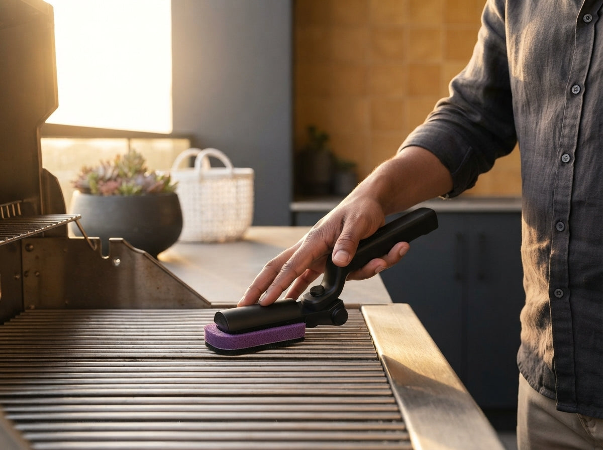 A man cleaning a stainless steel grill grate with the BBQ Brush Max polish pad on an outdoor balcony at sunset.